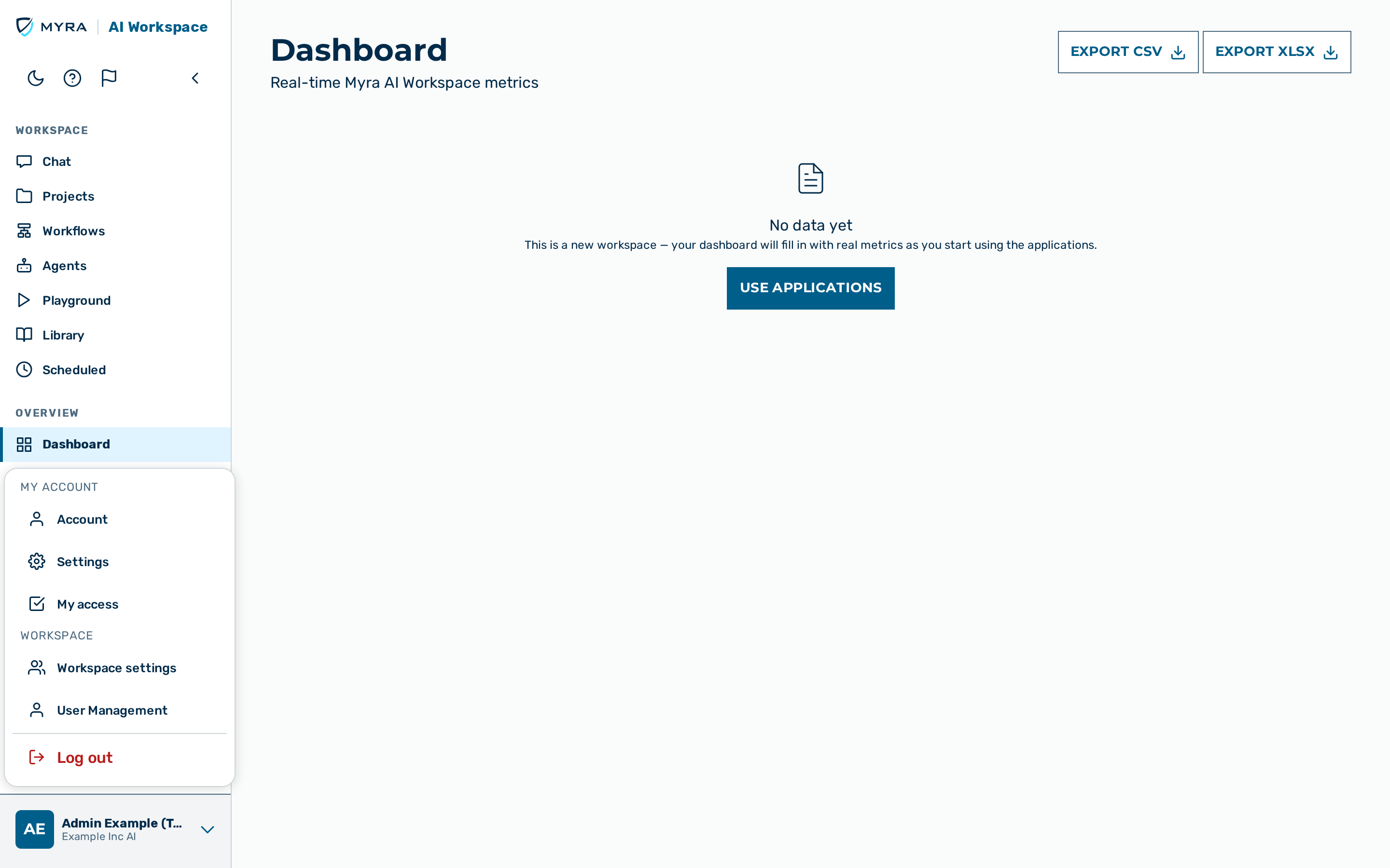 The account menu grouped into My Account and Workspace sections
