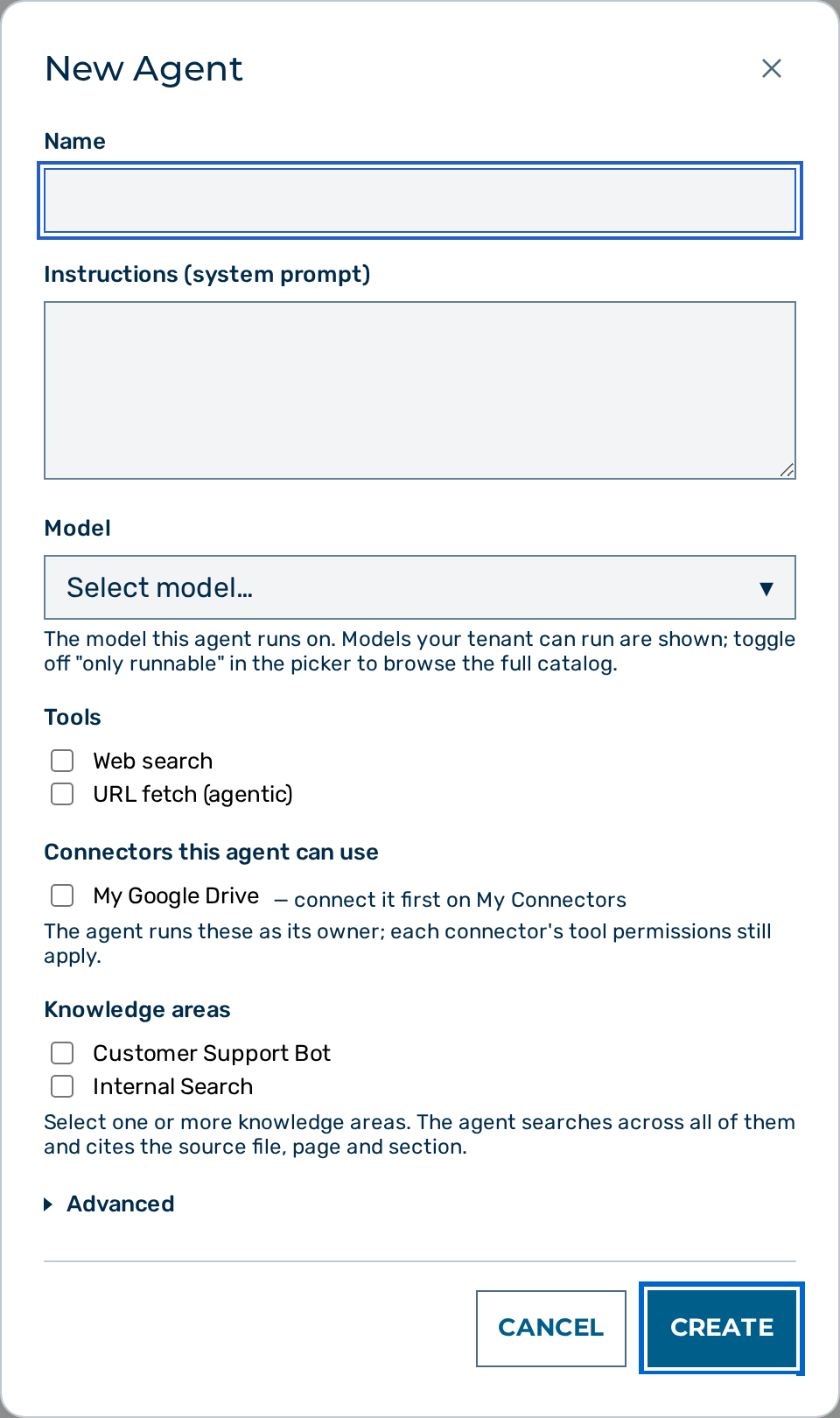 View: New Agent dialog