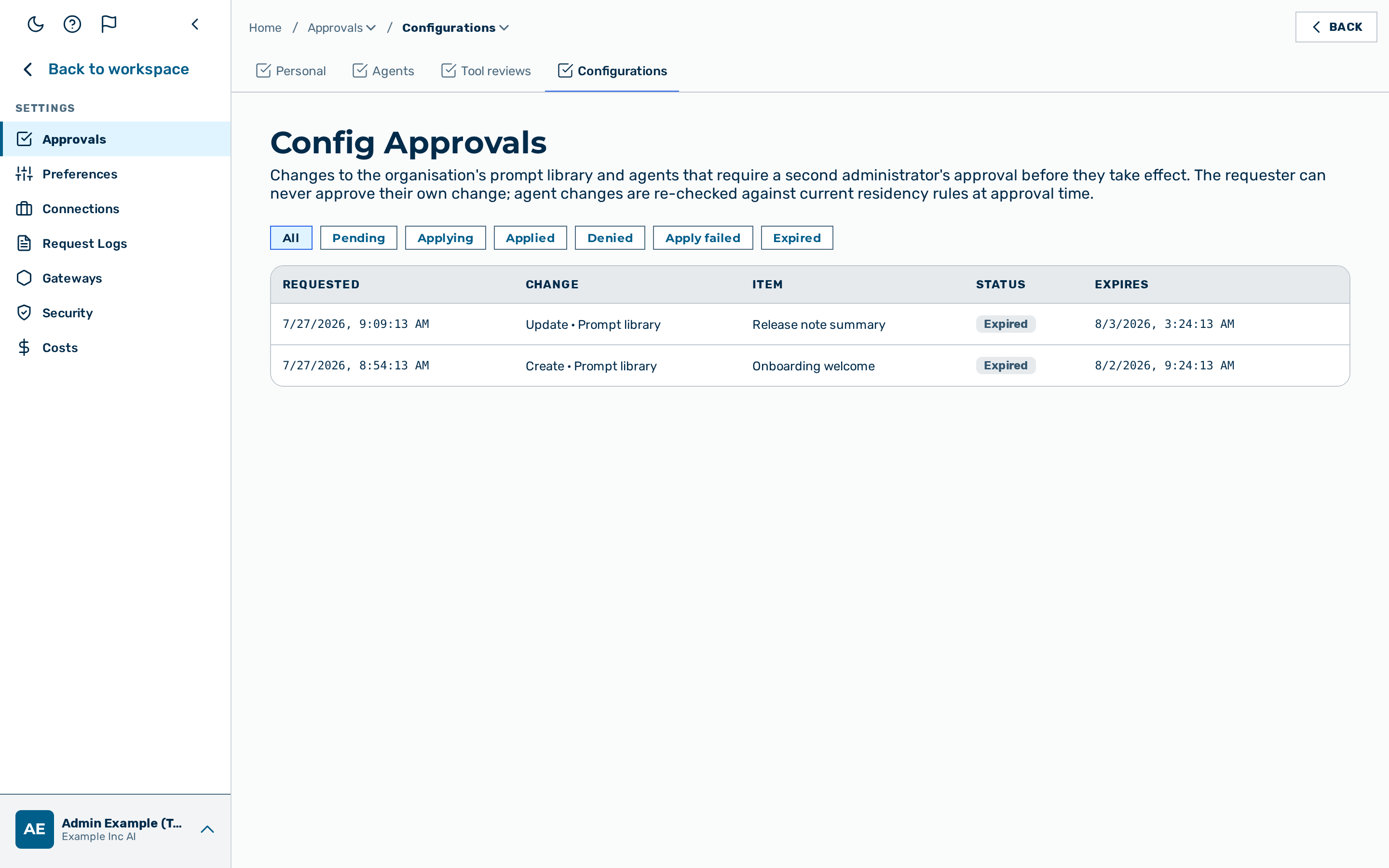 View: Config approvals inbox