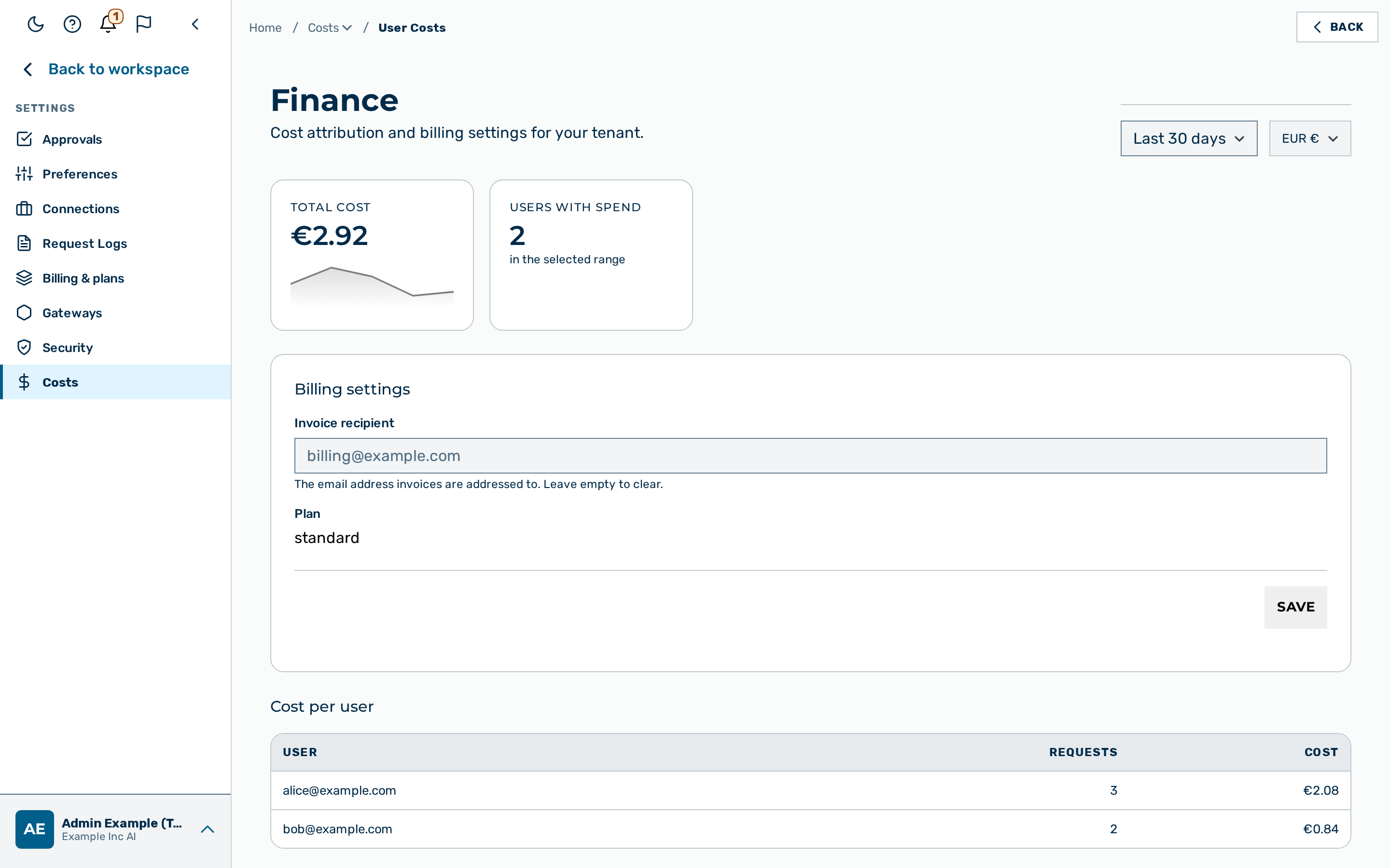 User Costs view