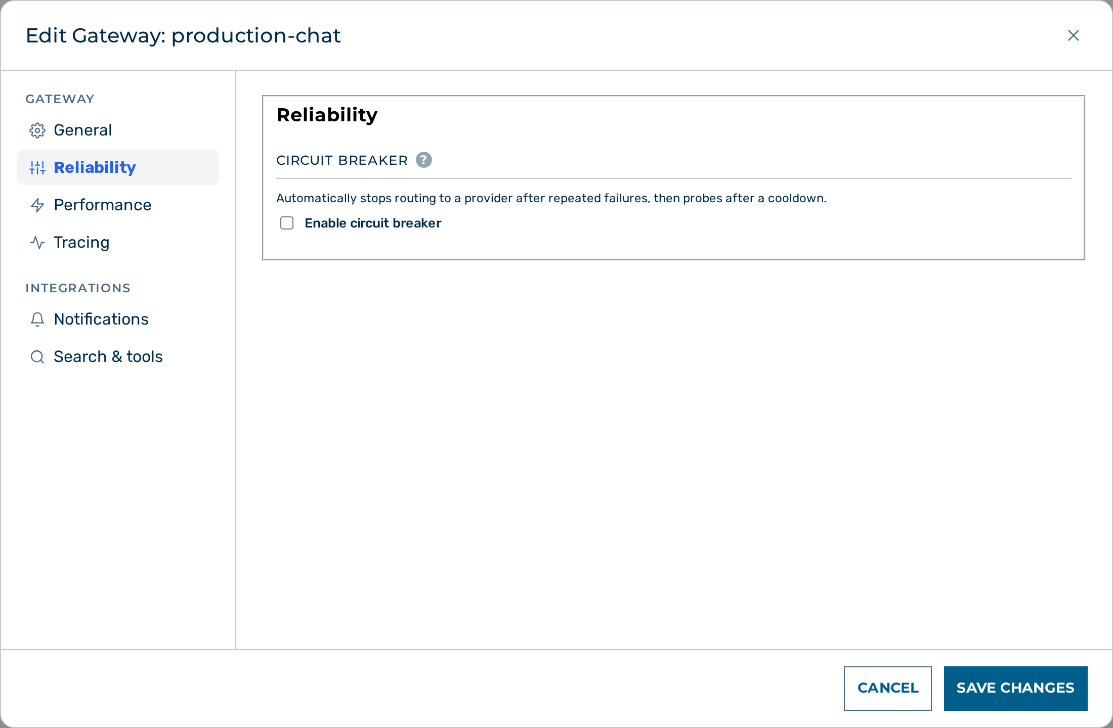 Screenshot: Gateway configuration page with circuit breaker section
