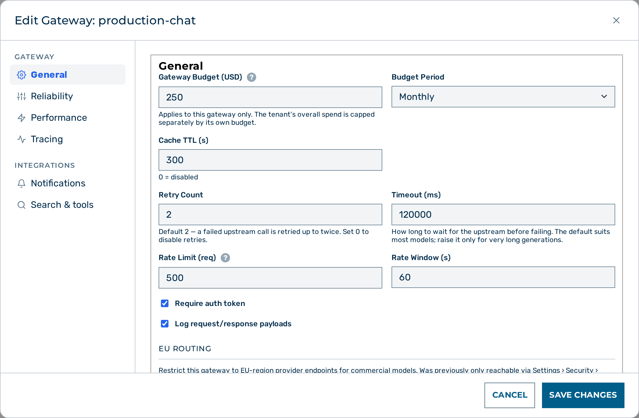 Edit Gateway modal with Require auth token check box