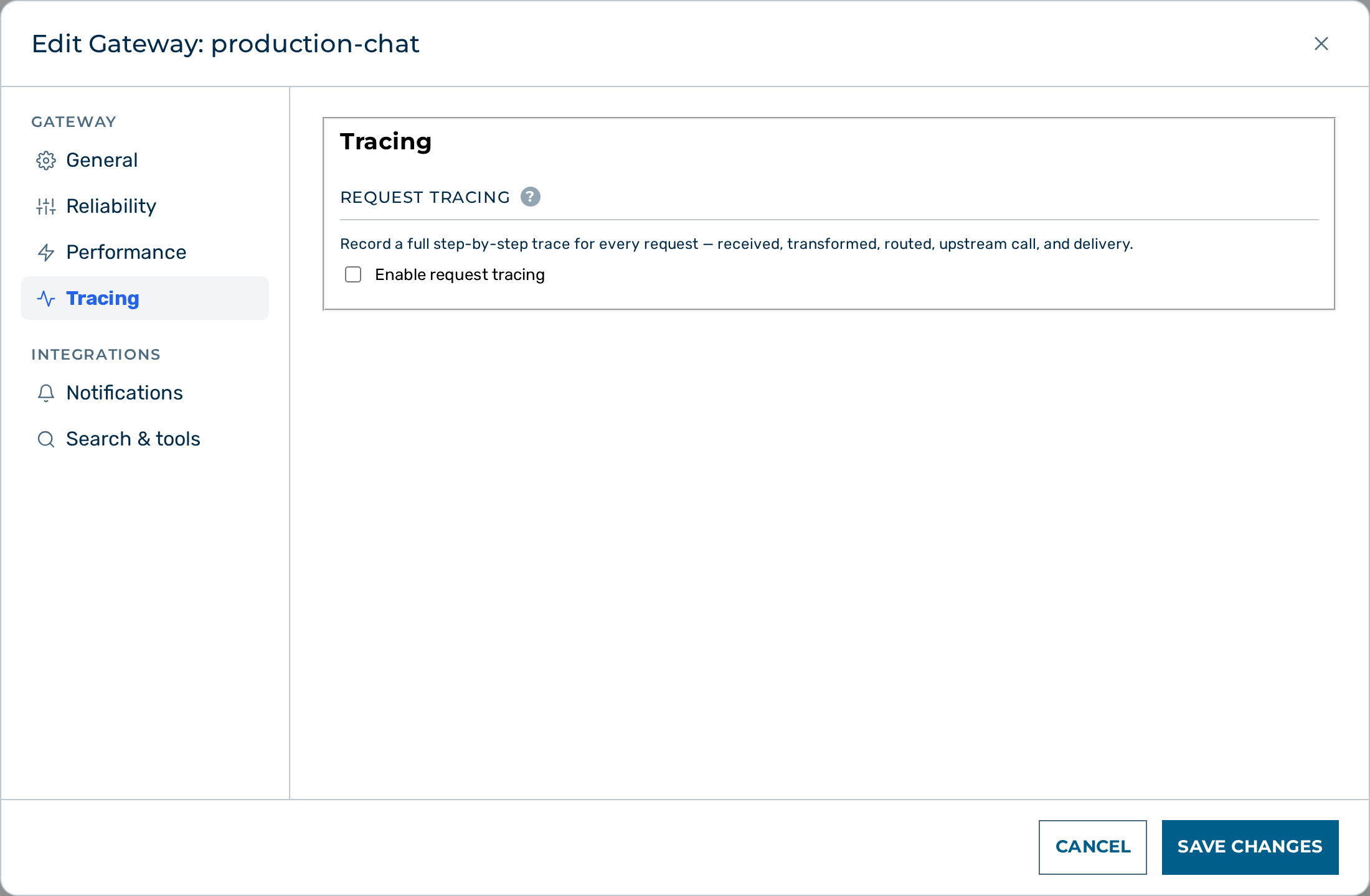 Screenshot: the Tracing section of the Edit Gateway dialog
