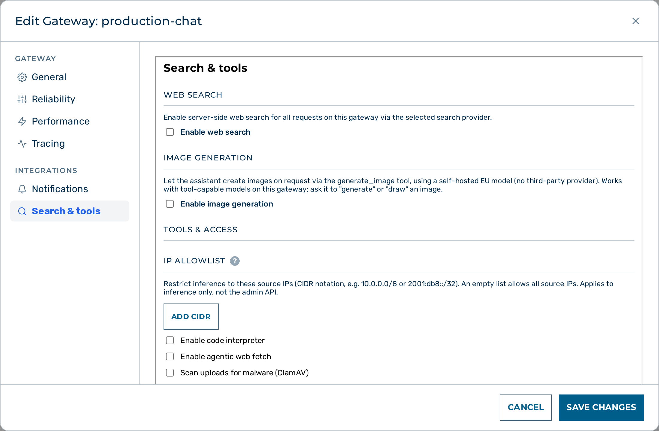 Screenshot: the Web Search section of the Edit Gateway dialog