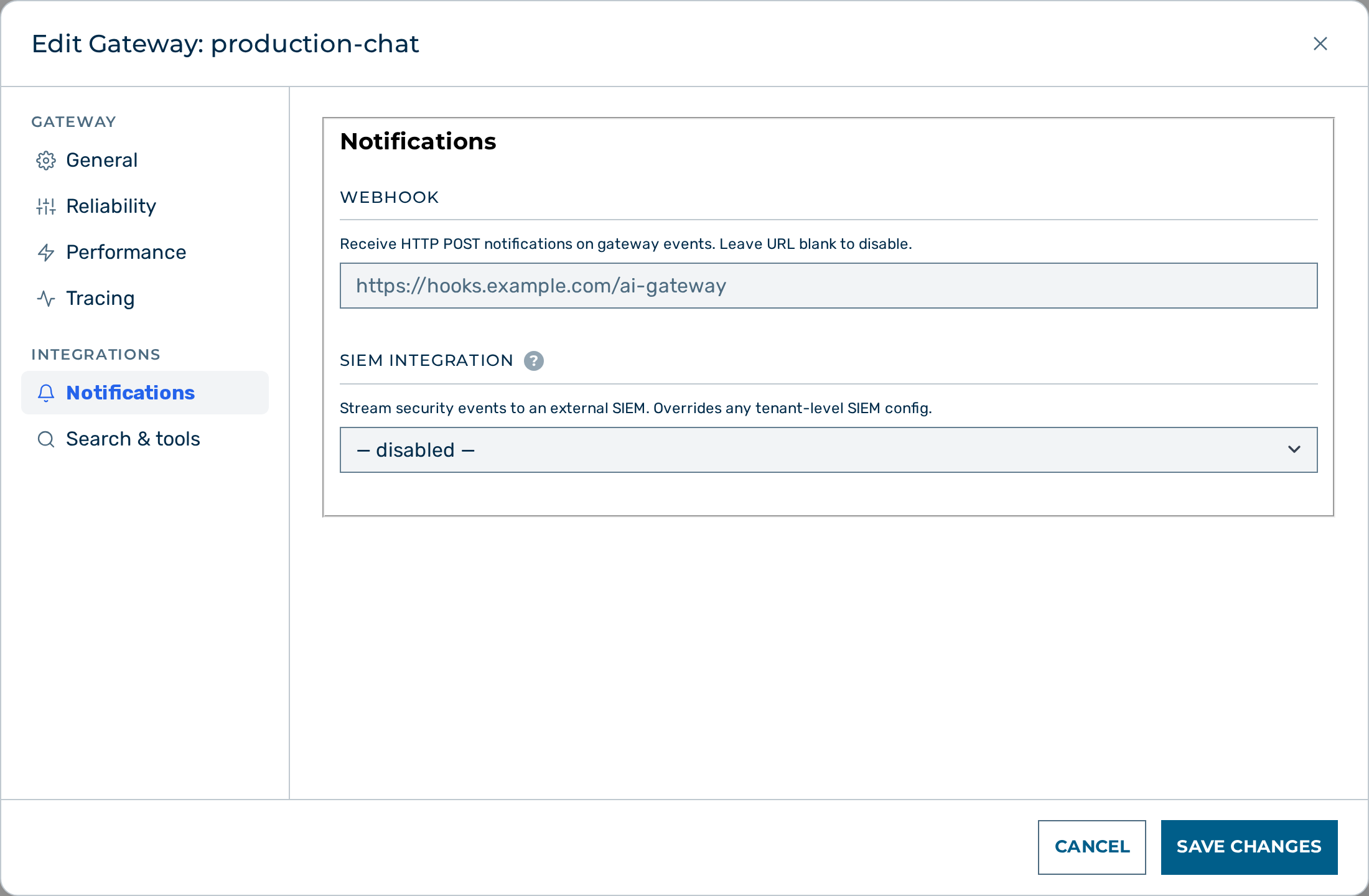 Screenshot: Gateway edit dialog with SIEM Integration section