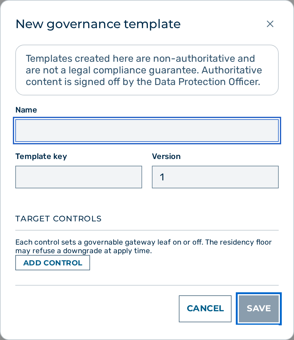 View: New governance template dialog