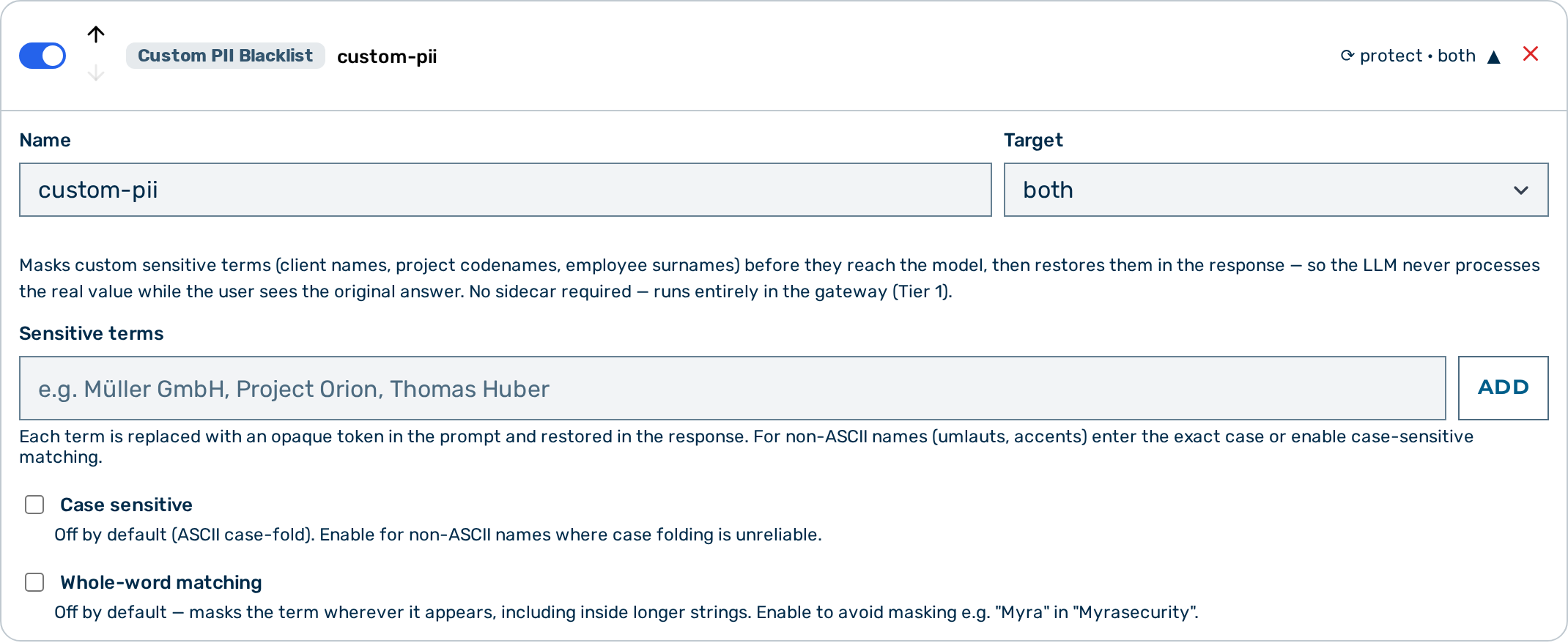 Screenshot: Custom PII Blacklist editor in the Guardrail Builder