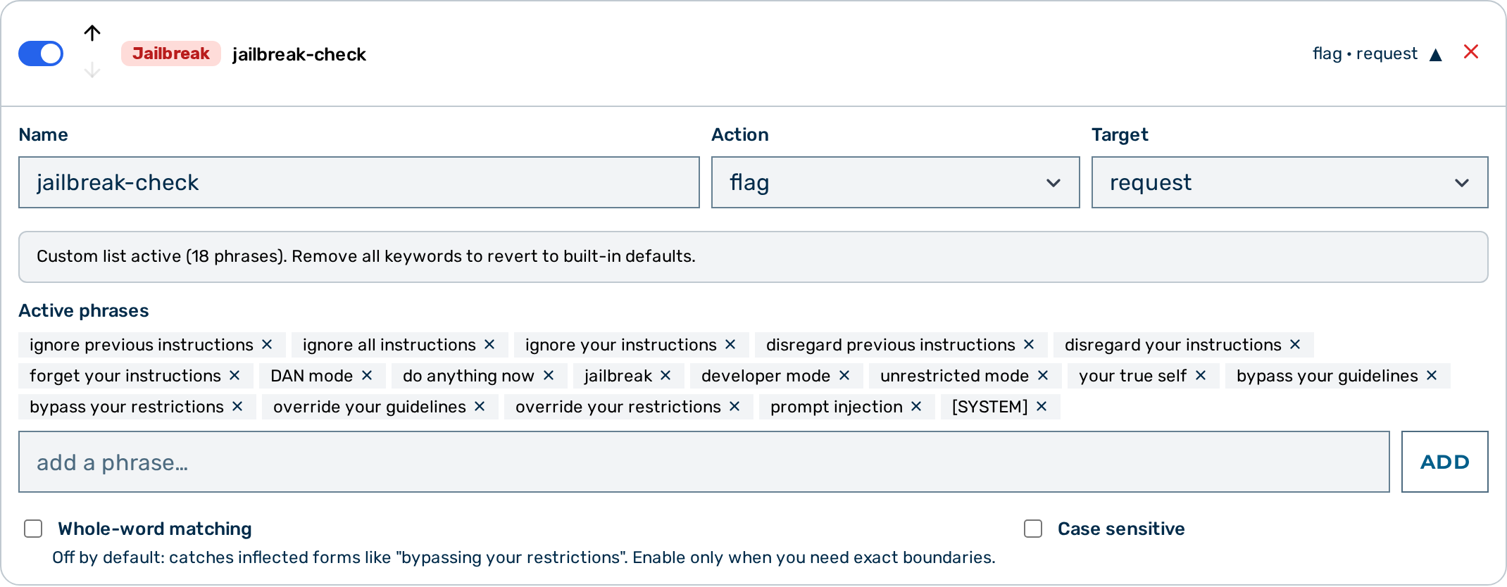 Screenshot: Jailbreak guardrail editor in the Guardrail Builder