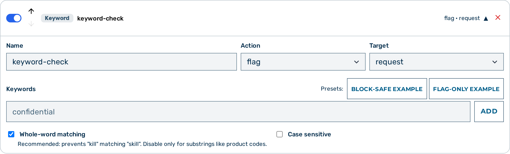 Screenshot: Keyword guardrail editor in the Guardrail Builder