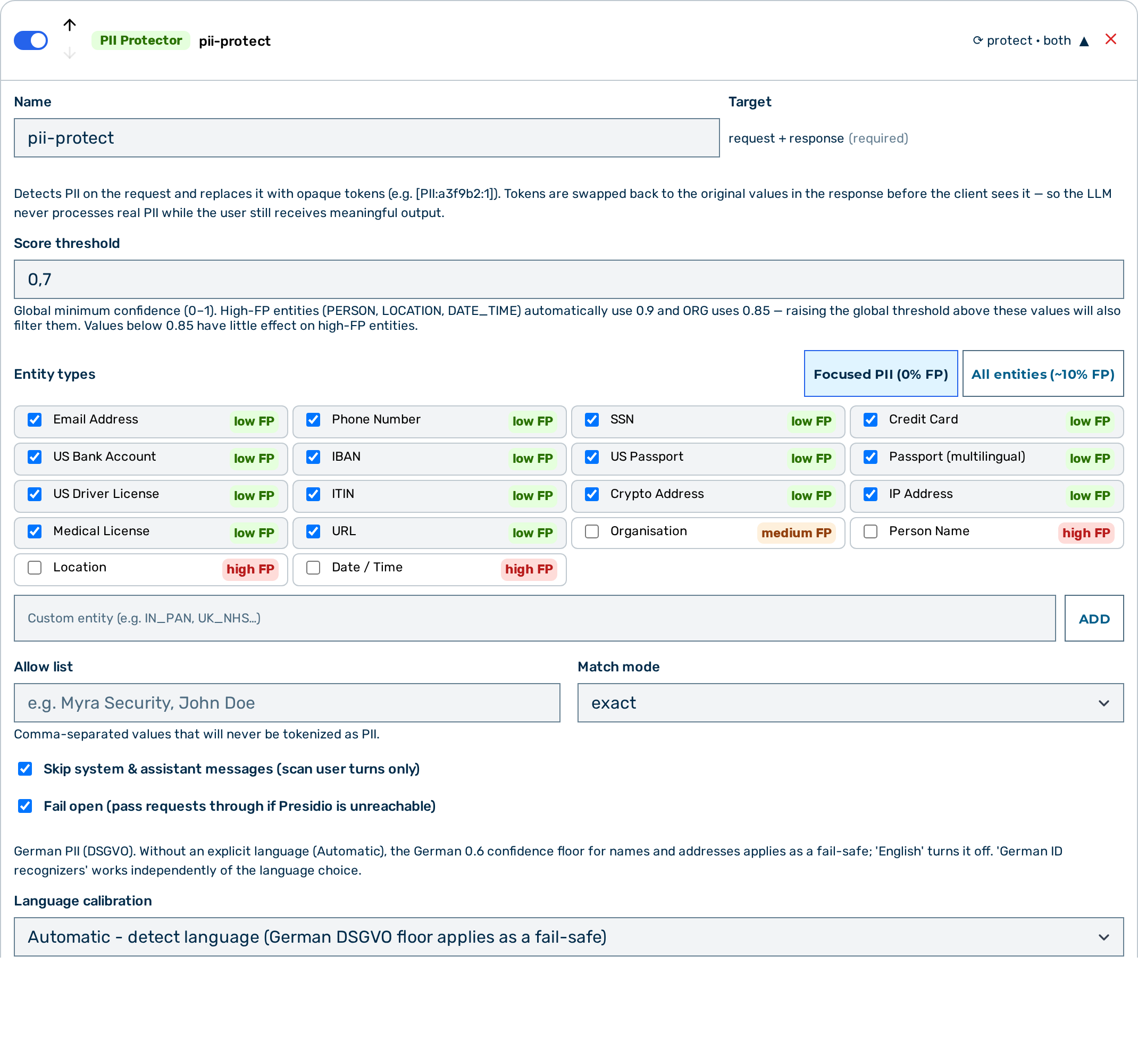Screenshot: PII Protector card in the Guardrail Builder