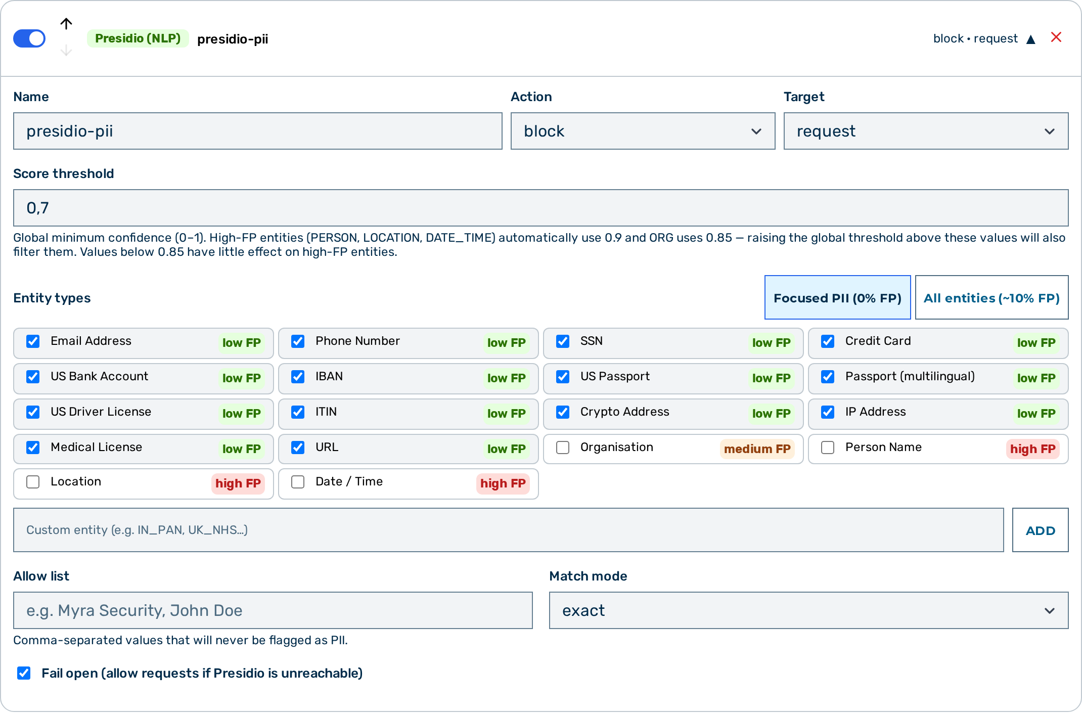 Screenshot: Presidio (NLP) guardrail editor in the Guardrail Builder