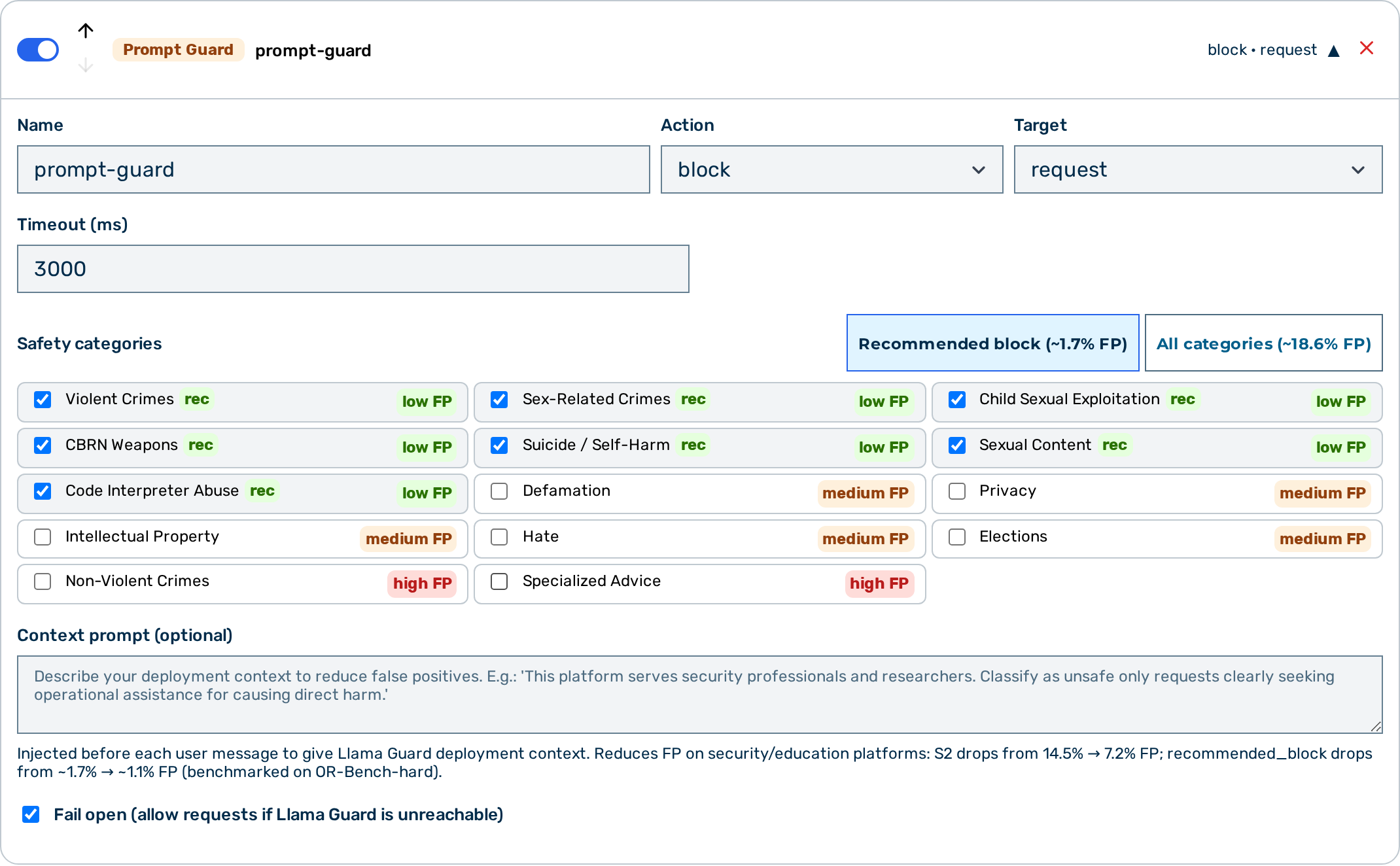 Screenshot: Prompt Guard editor in the Guardrail Builder
