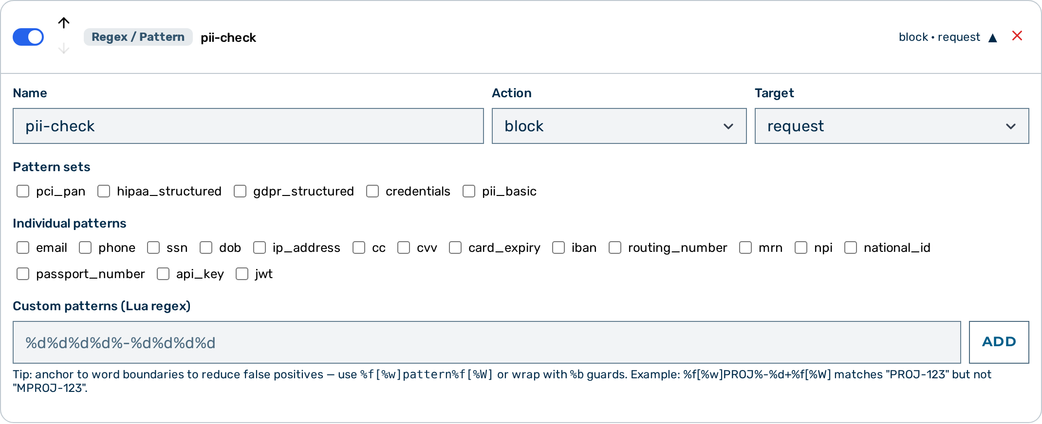 Screenshot: Regex guardrail card in the Guardrail Builder