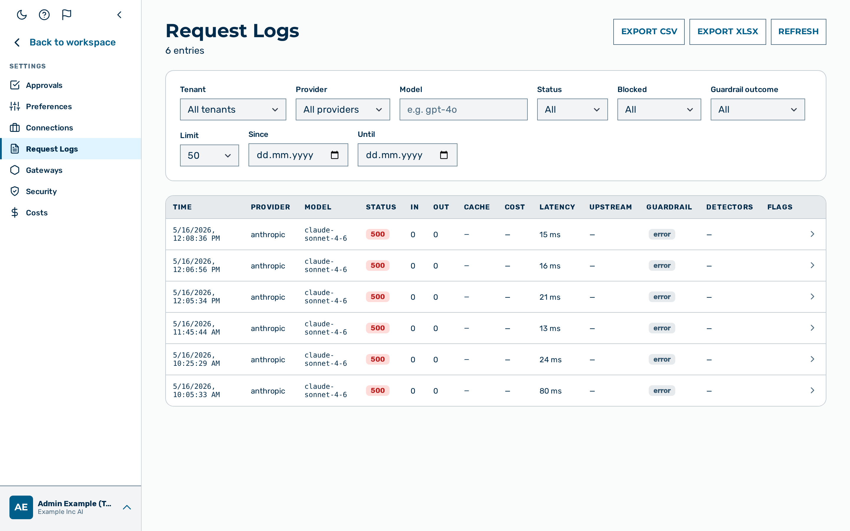 View: Request log table