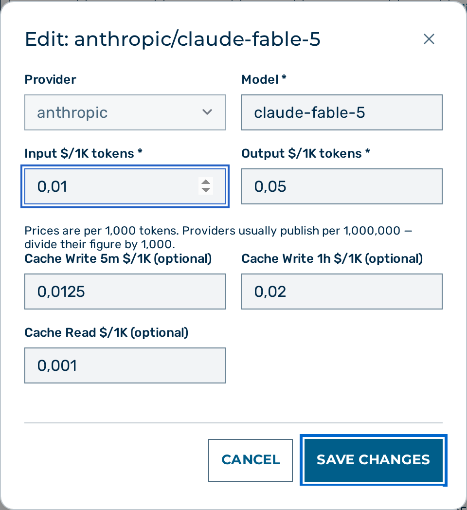 New Model Price dialog
