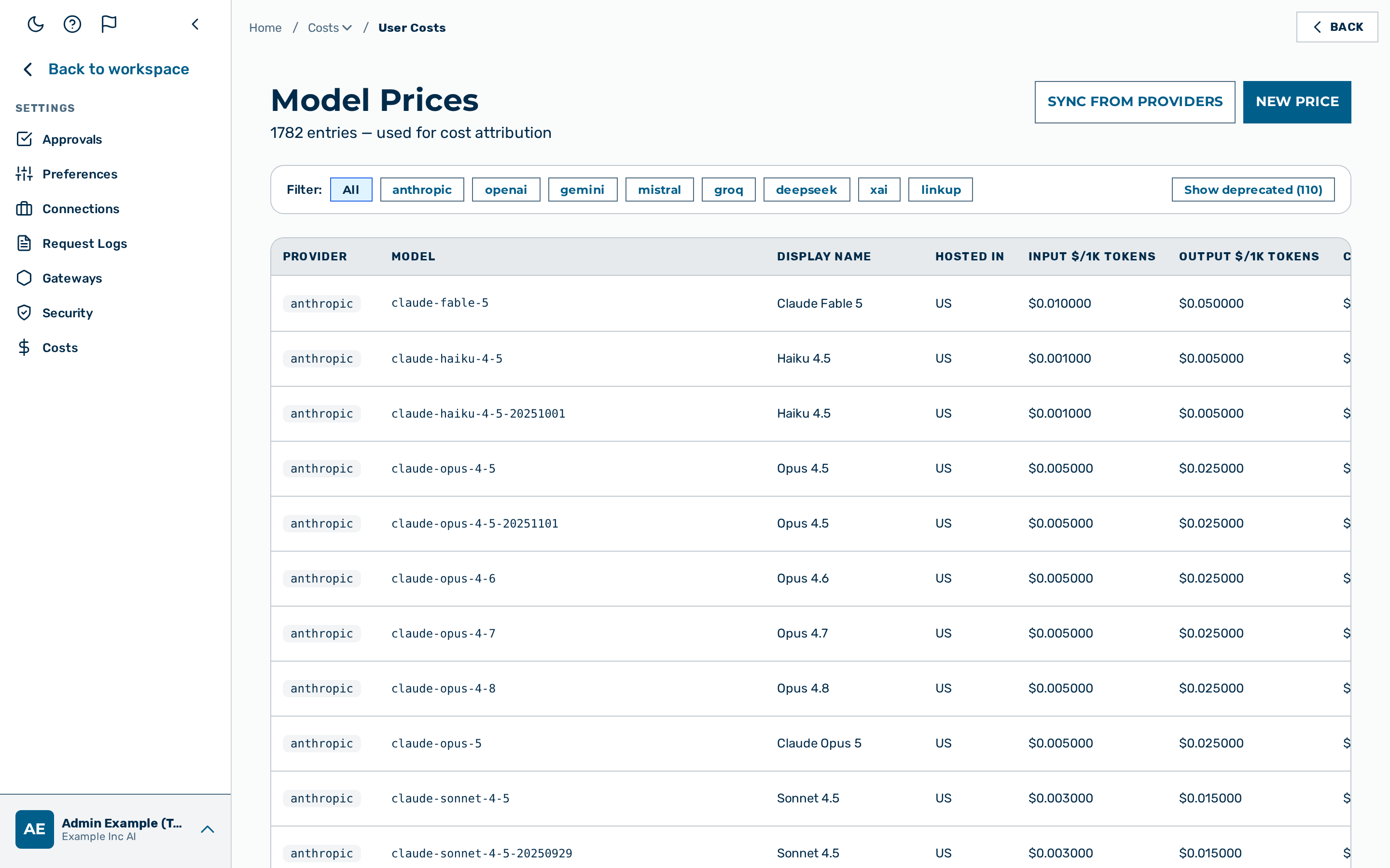 Provider Costs view