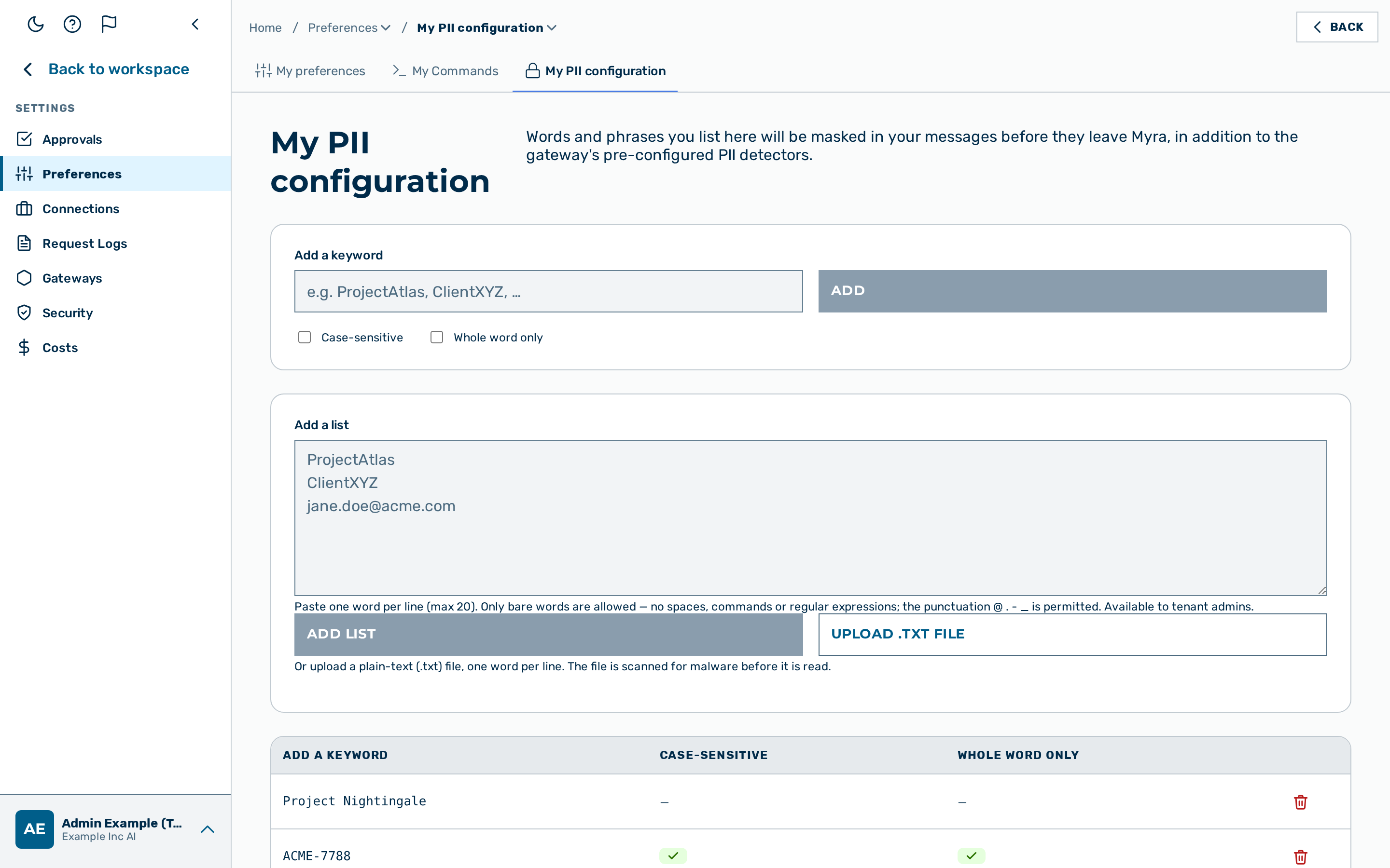 View: My PII configuration