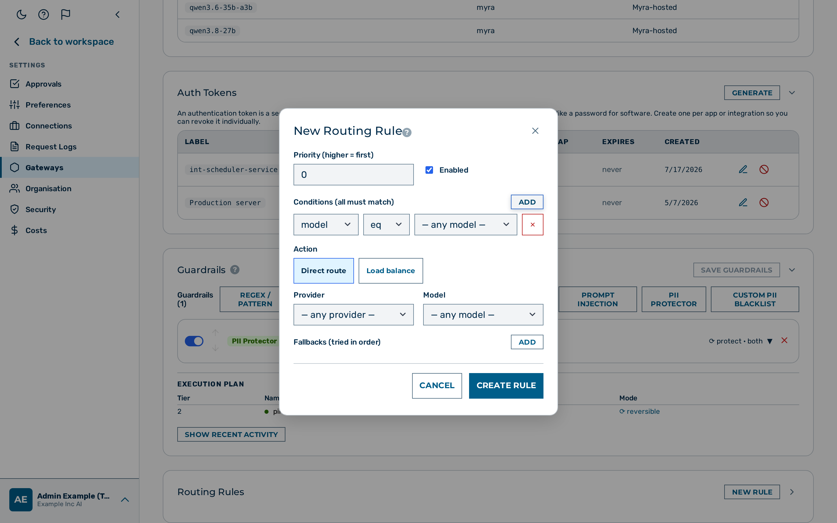 Screenshot: Routing rule editor with conditions and actions filled in