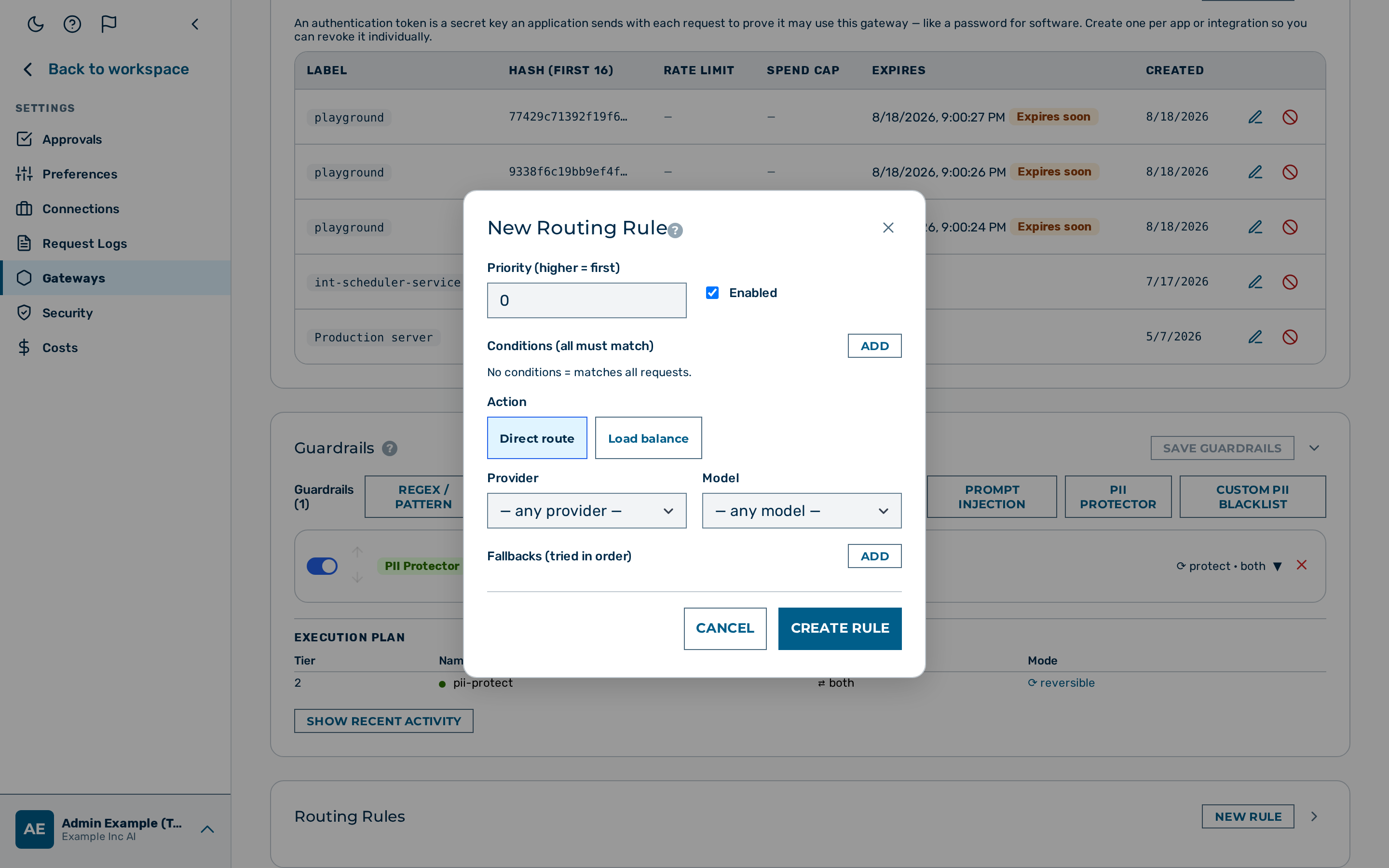 Screenshot: Routing rule editor with fallbacks section visible