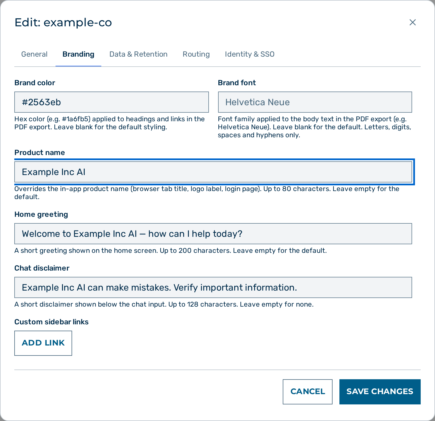 The tenant edit dialog with the branding fields highlighted