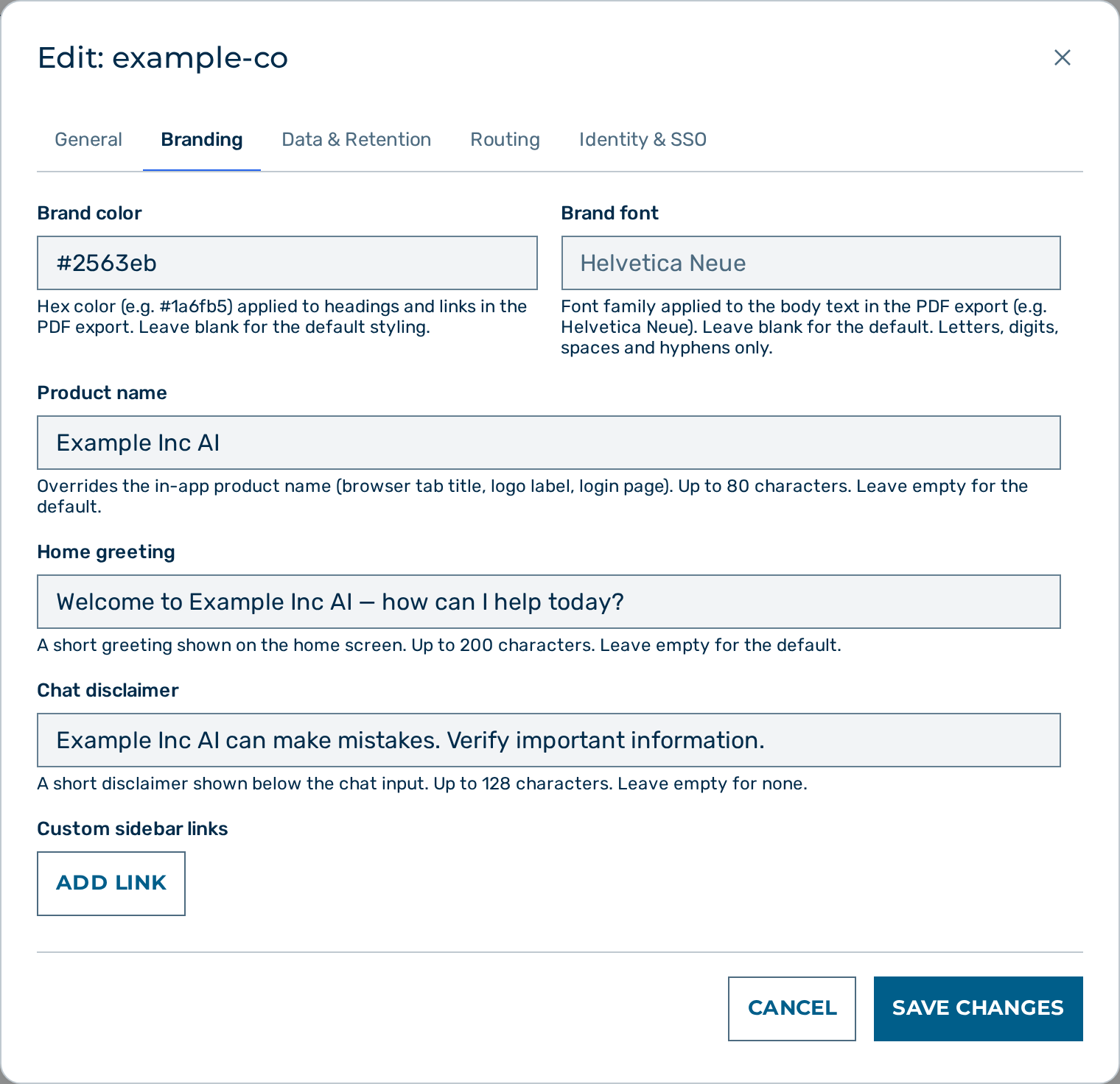 The branding fields in the tenant edit dialog