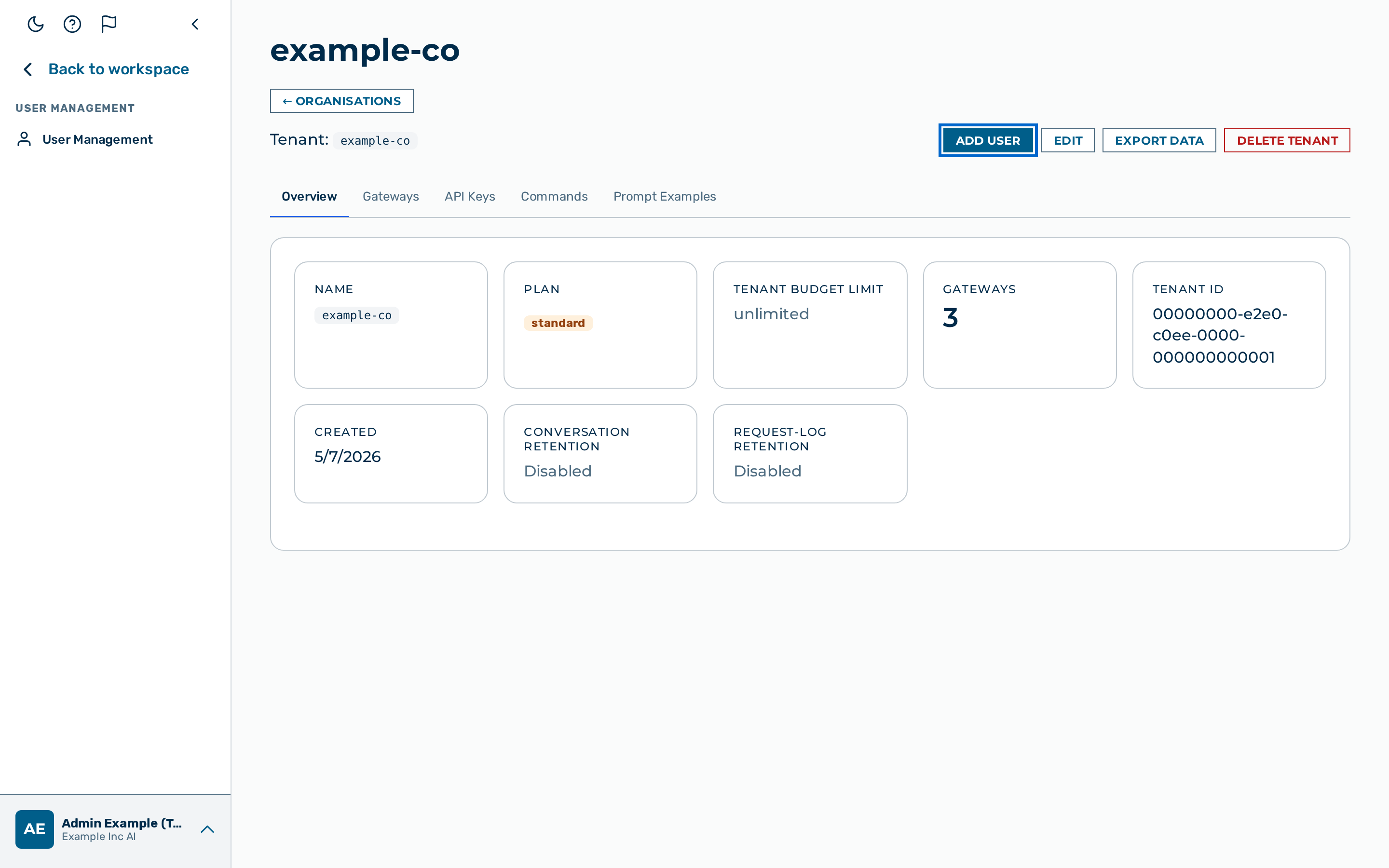 The Add user button on the tenant detail view