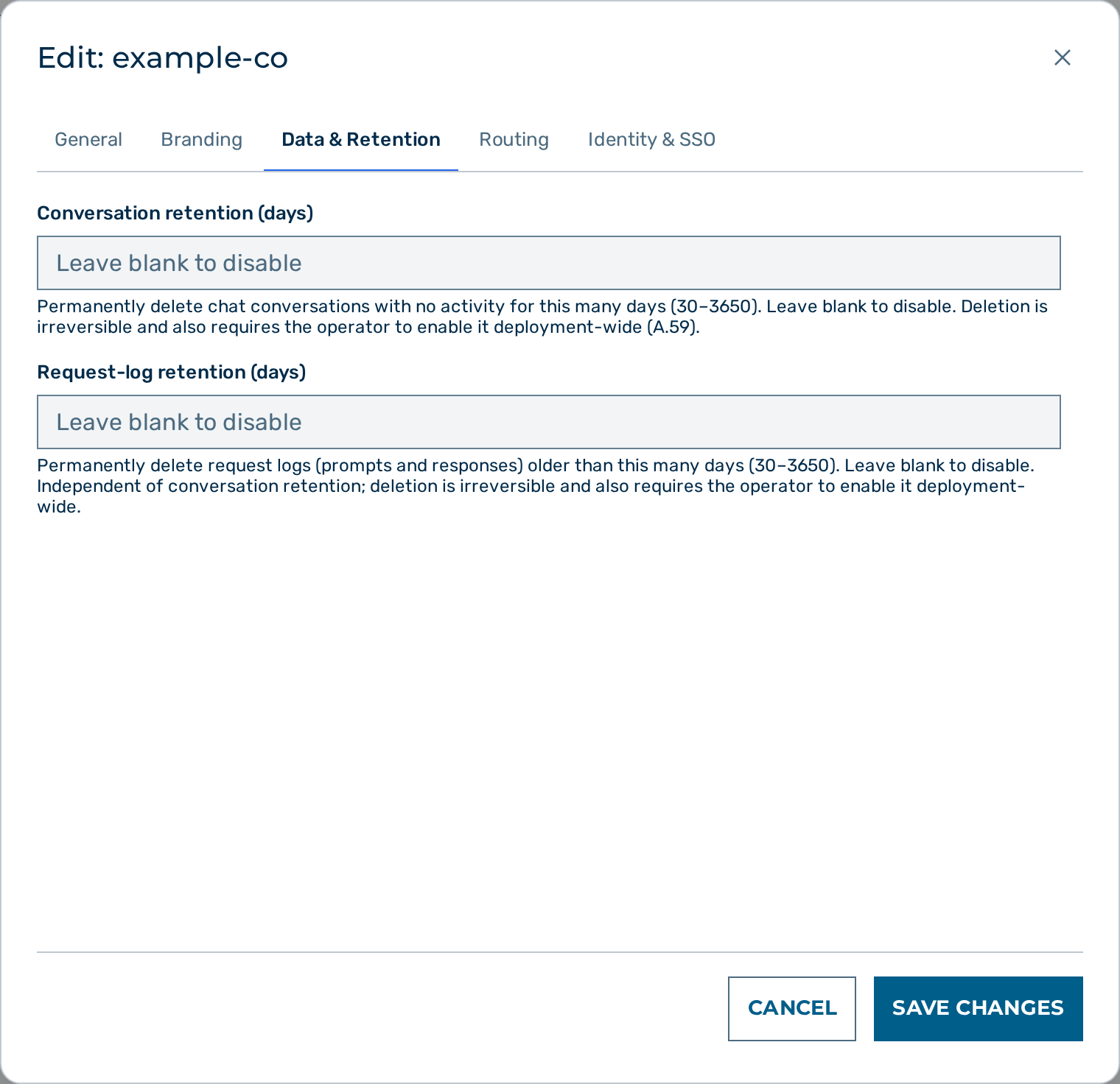 The Conversation retention and Request-log retention fields in the tenant edit dialog