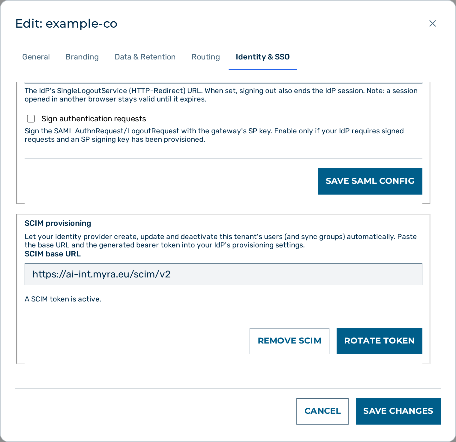 The SCIM provisioning panel in the tenant edit dialog