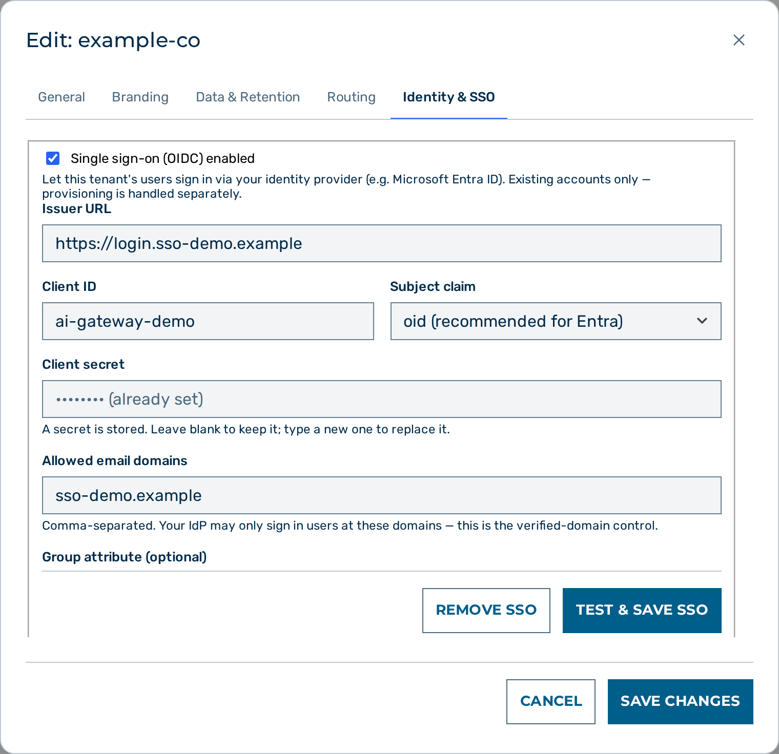 The single sign-on configuration panel in the tenant edit dialog