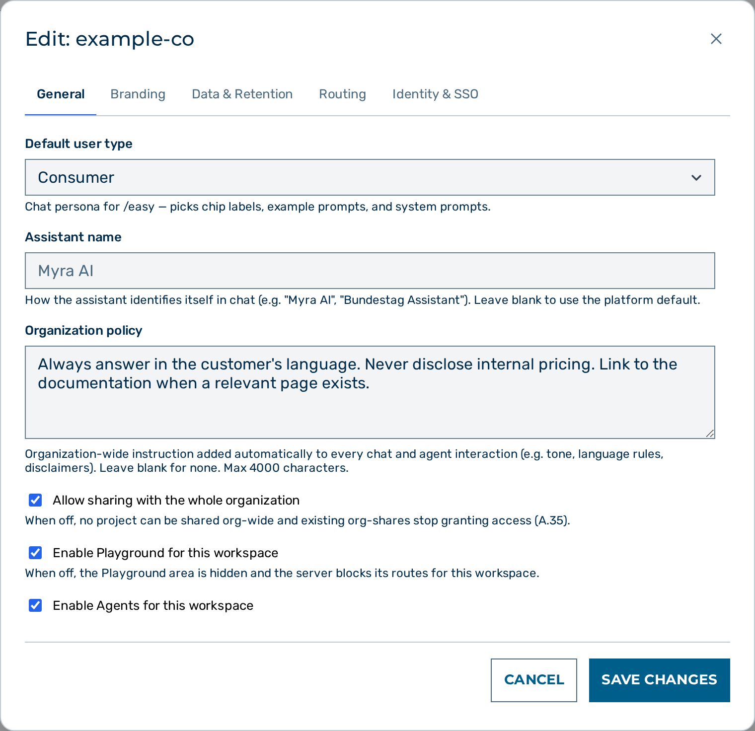The Organization policy field in the tenant edit dialog