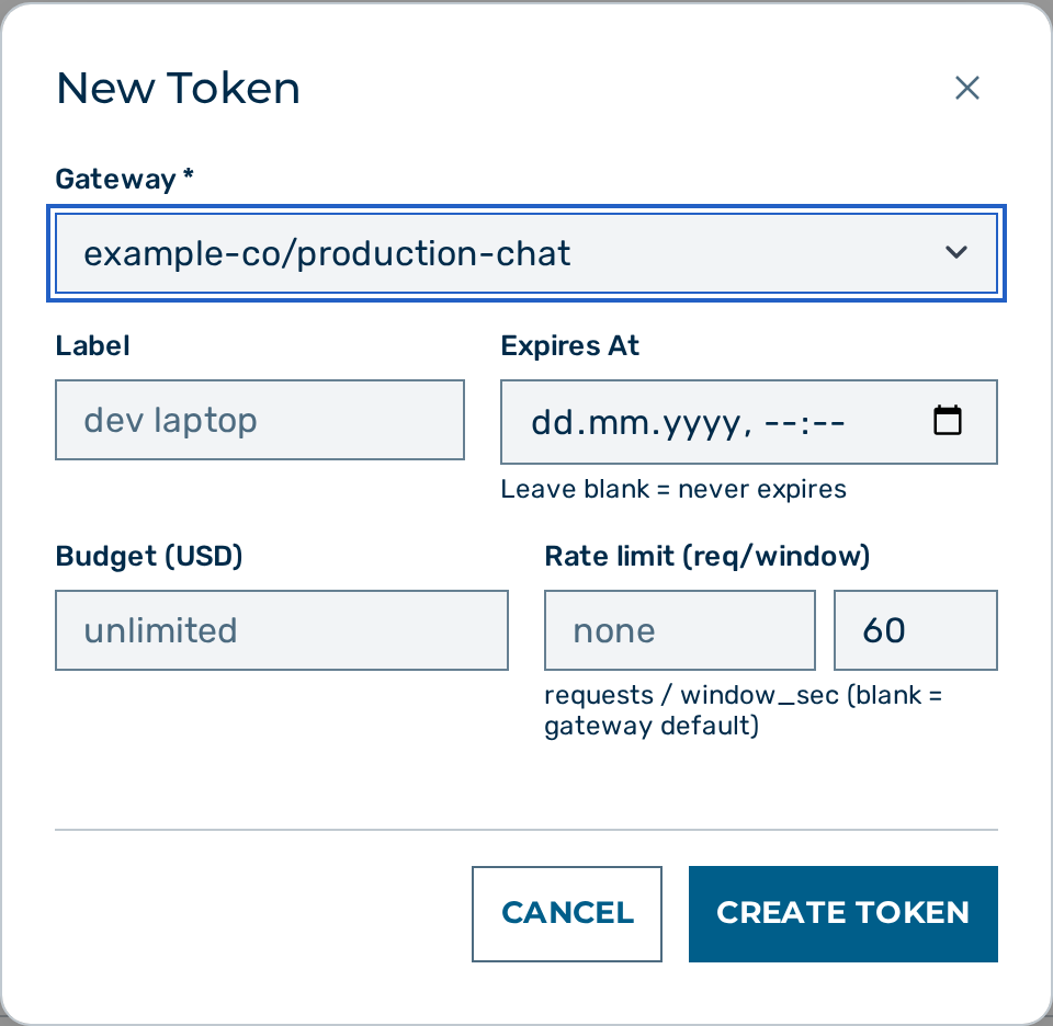 Screenshot: New Token form for a user