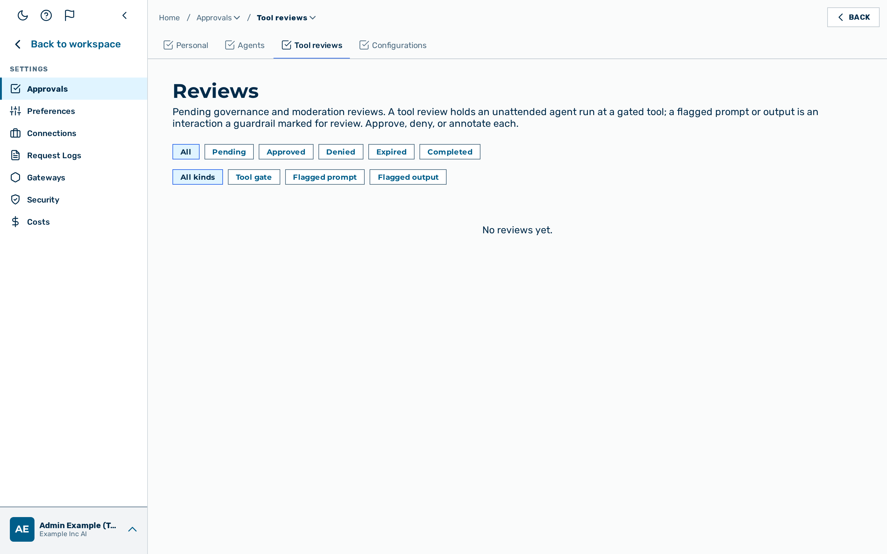 Tool reviews inbox in Settings › Approvals