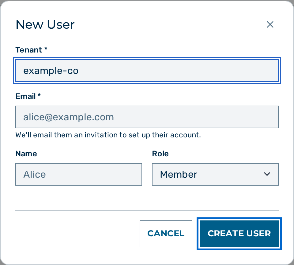 The New User dialog with the Create User button highlighted