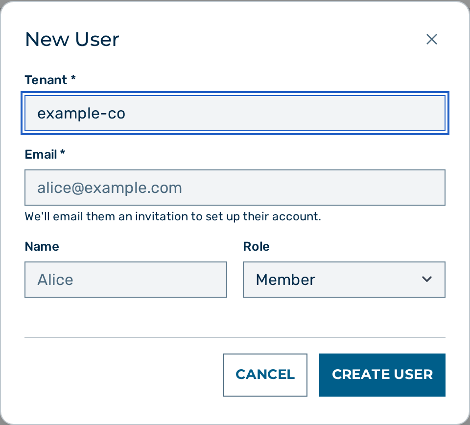 Screenshot: New User form in the admin UI