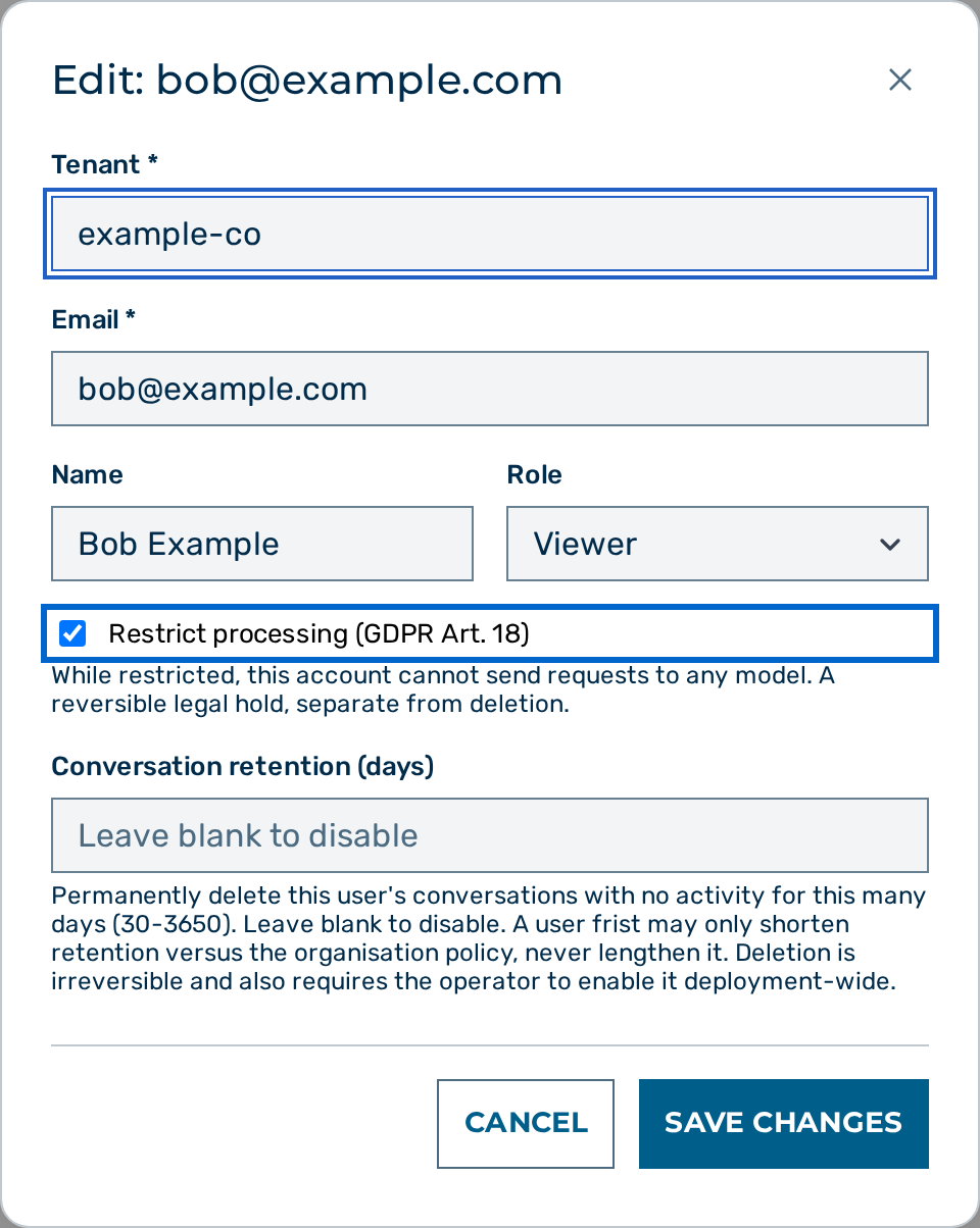 The edit user dialog with the Restrict processing (GDPR Art. 18) check box highlighted