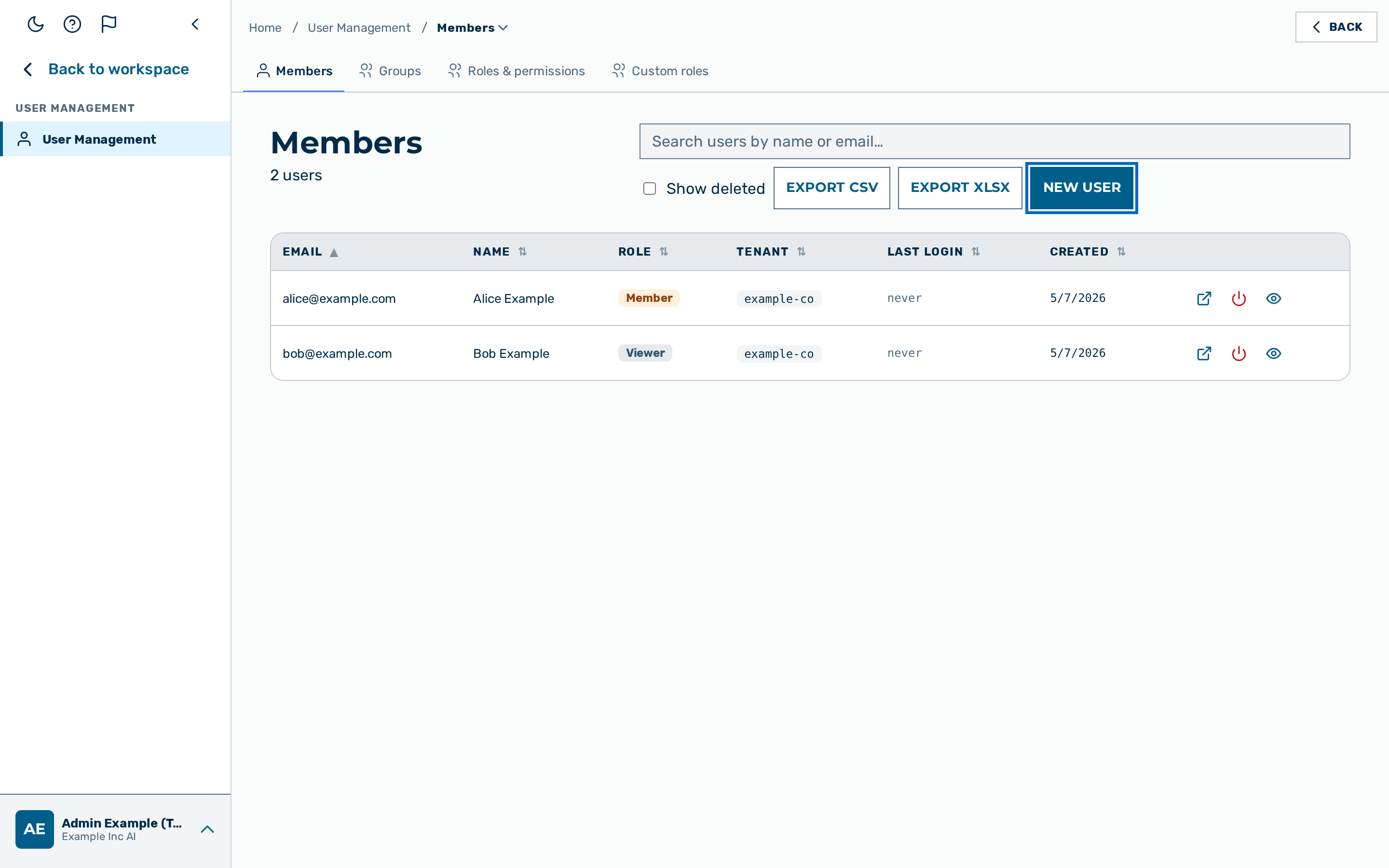 The + New User button highlighted in the Members view